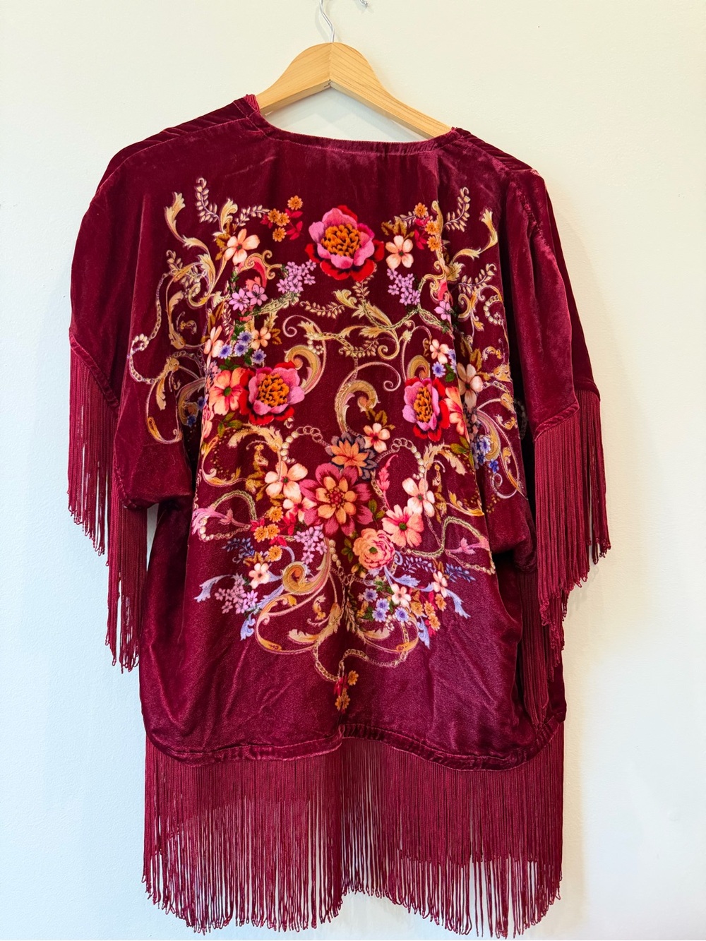 Johnny Was Celeste Velvet Shawl Boho Floral Maroon Size S NWT - Picture 7 of 8